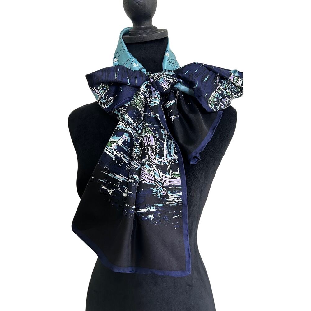 Talbots Silk Scarf Blue Venice Italy Canal Scenic Prin Oversized Luxury - Picture 4 of 11